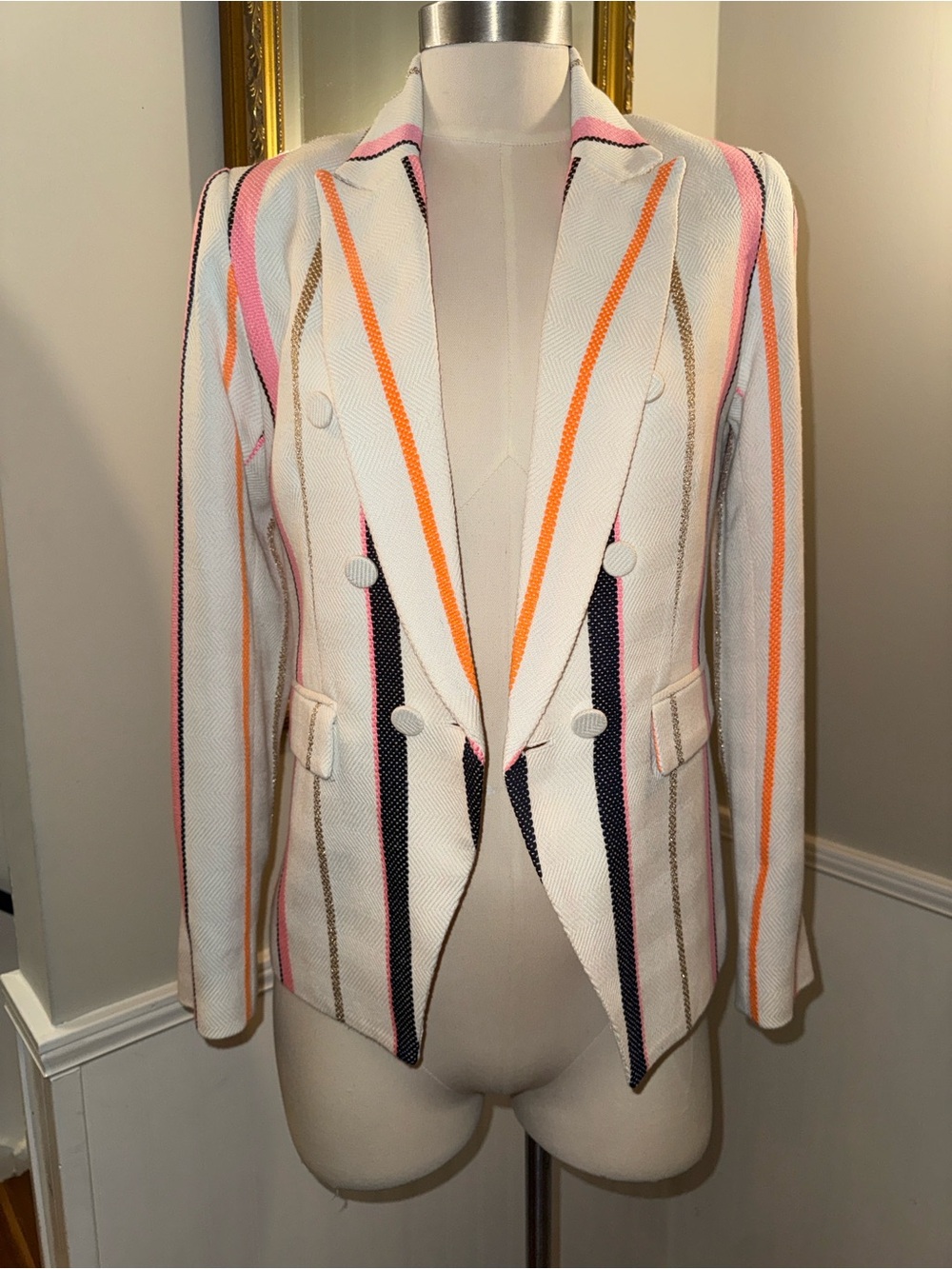 Drew Tia Striped Jacket - White with Pink , Orange, Navy and Gold Stripes. Small